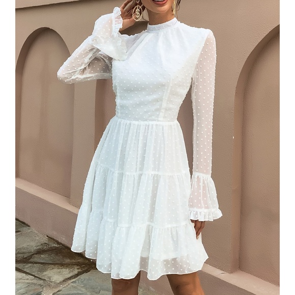 MBM Unlimited Dresses & Skirts - White Swiss Dot Ruffle Hem Fit & Flare Party Dress